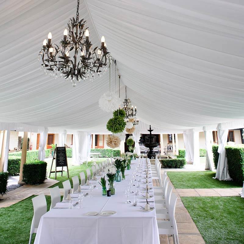 Marquee Pavilion 8m x 21m White c/w silk lining & chandeliers